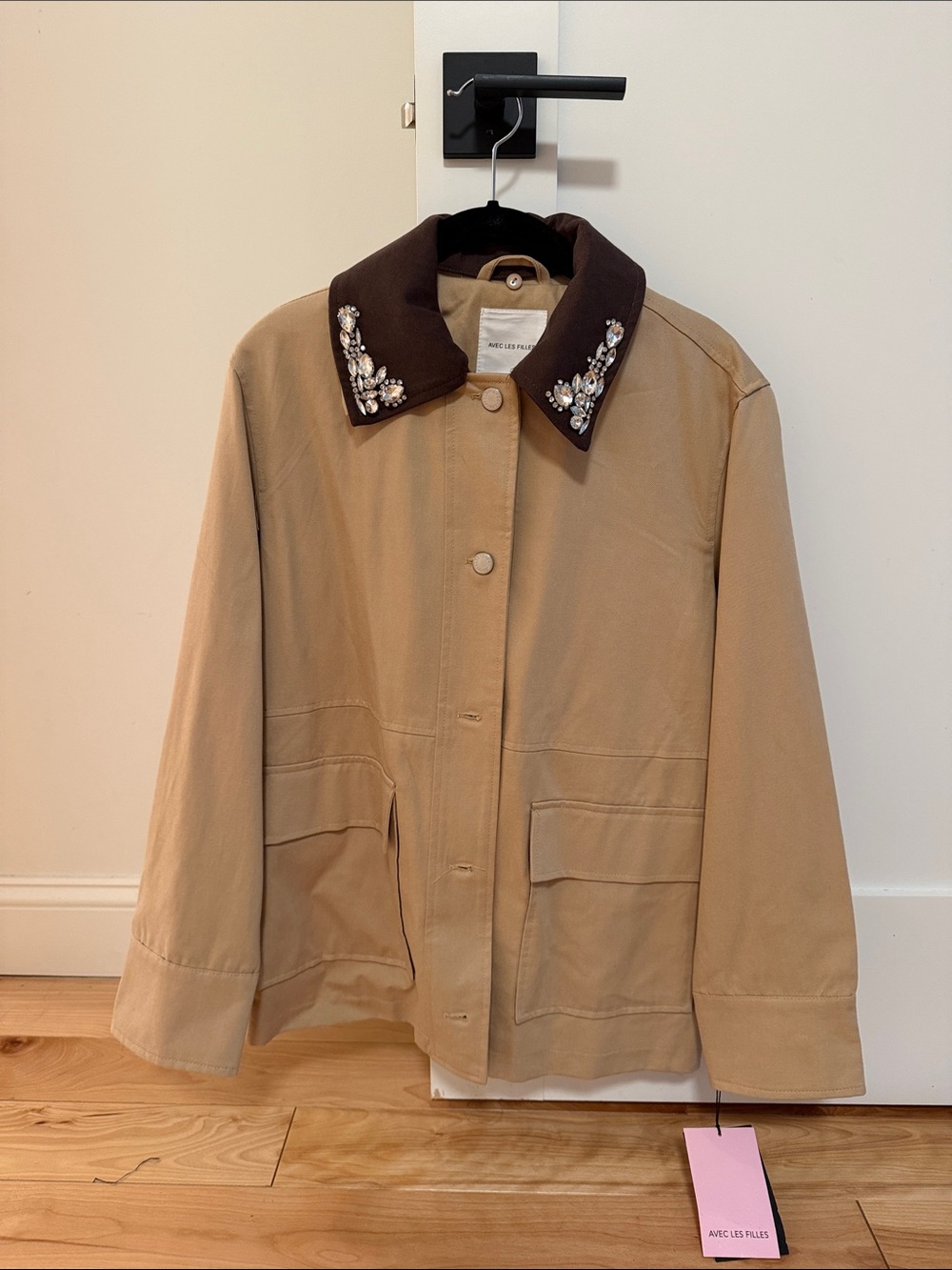 Avec Les Filles Tan Utility Jacket with Dark Brown removable Embellished Collar